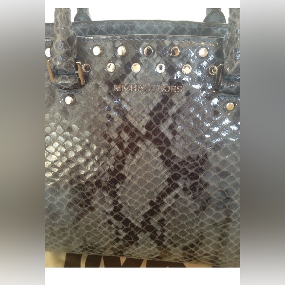 Pre-loved MICHAEL by Michael Kors 'Selma' Snake Embossed Jeweled Satchel - Denim - Picture 7 of 7